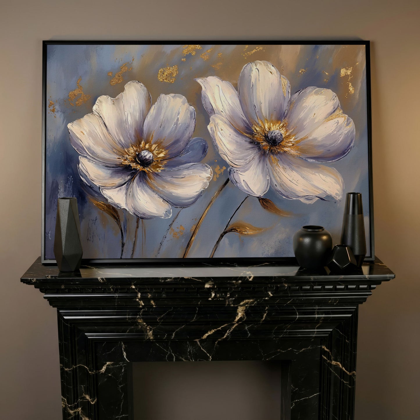 Abstract White and Purple Flower Canvas in black floating frame