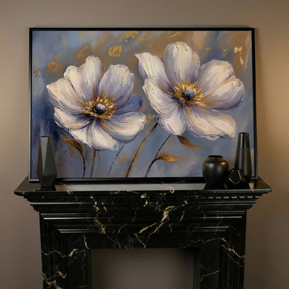 Abstract White and Purple Flower Canvas in black floating frame