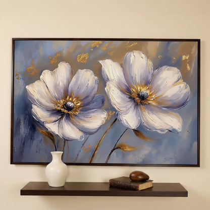 Abstract White and Purple Flower Canvas in dark walnut floating frame