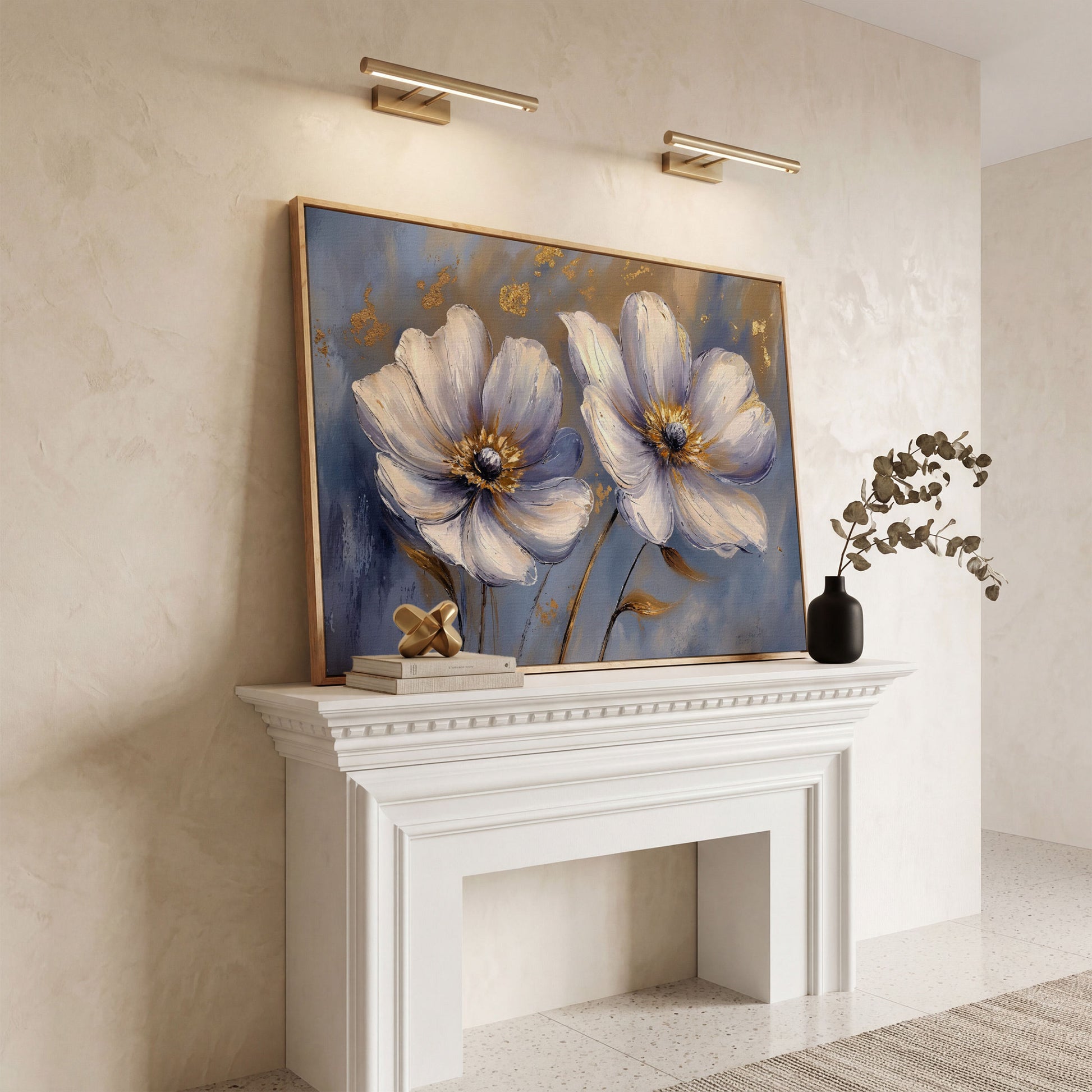 Abstract White and Purple Flower Canvas in white oak floating frame