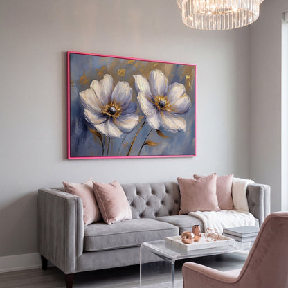 Abstract White and Purple Flower Canvas in pink floating frame