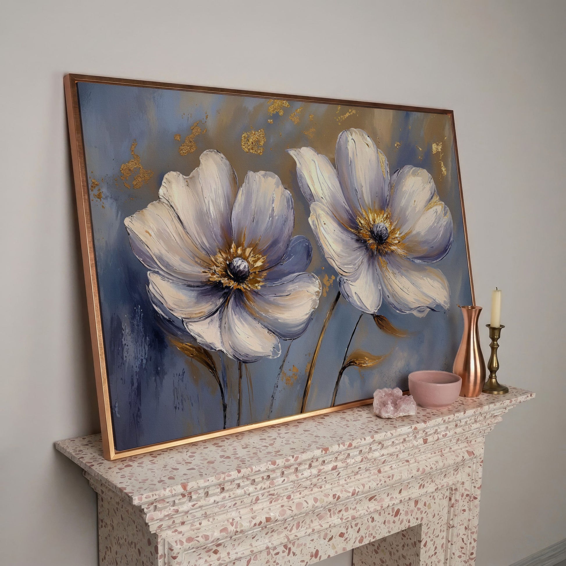Abstract White and Purple Flower Canvas in rose gold floating frame