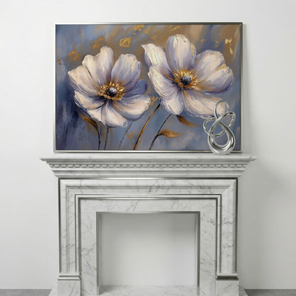 Abstract White and Purple Flower Canvas in silver floating frame