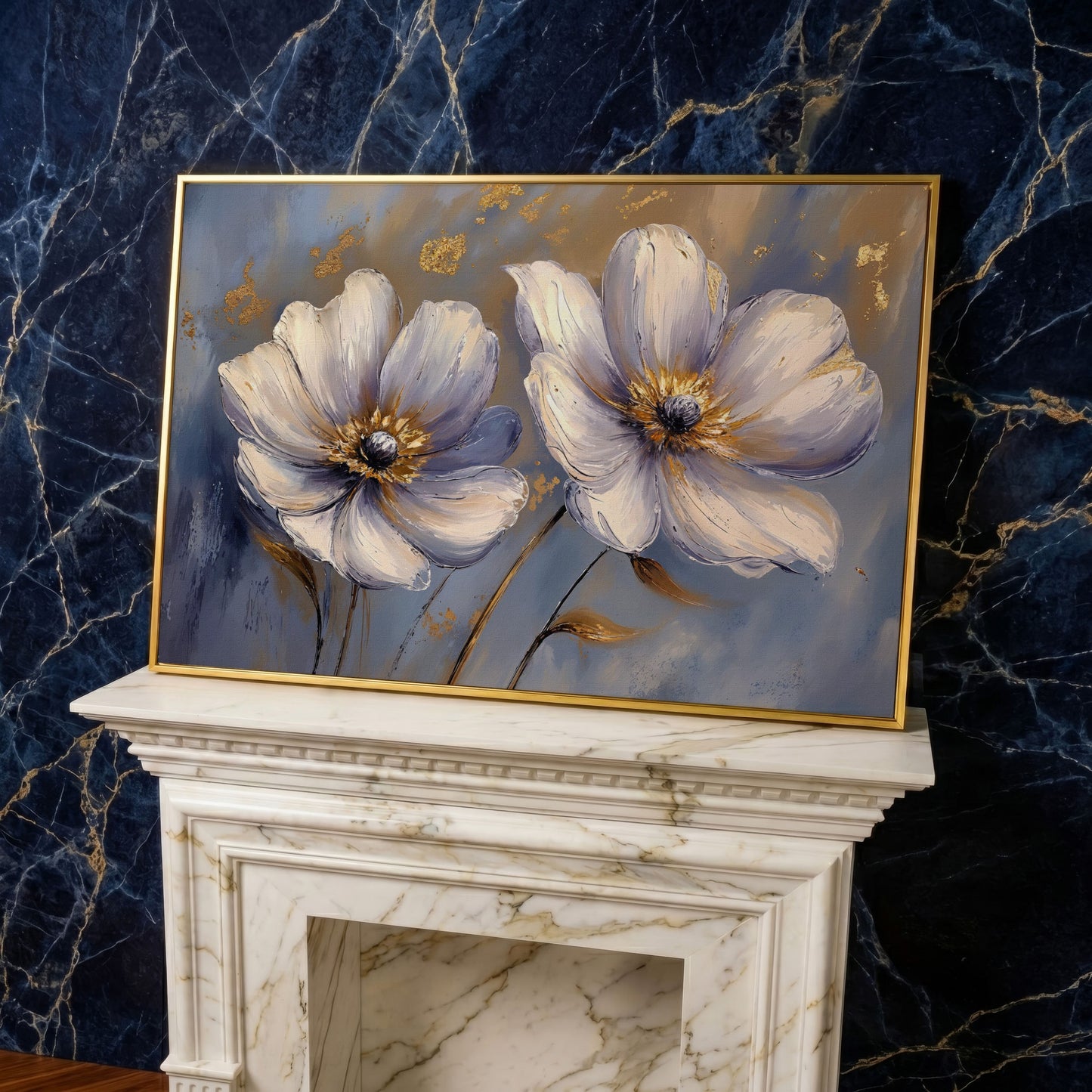 Abstract White and Purple Flower Canvas in yellow gold floating frame