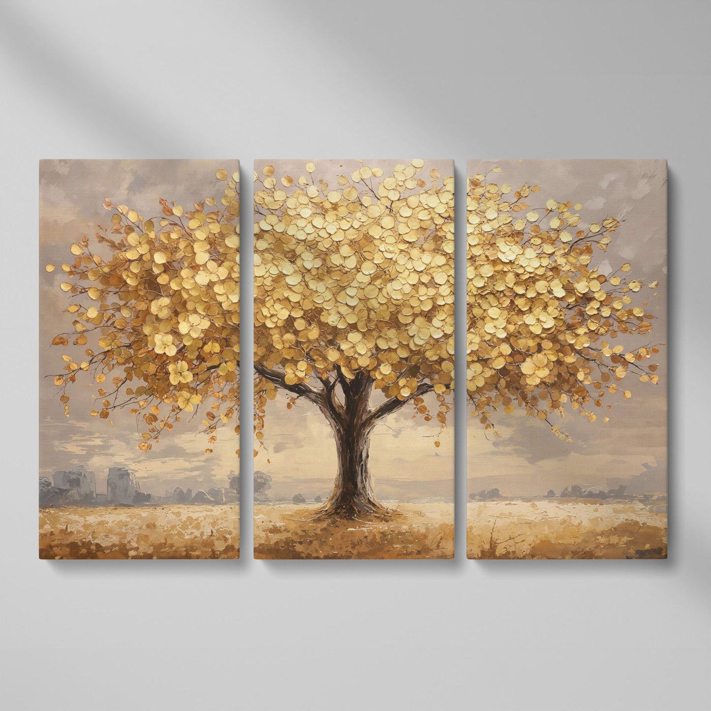 Gold Leaf Tree Canvas Print, Impressionist Landscape as 3-panel split version