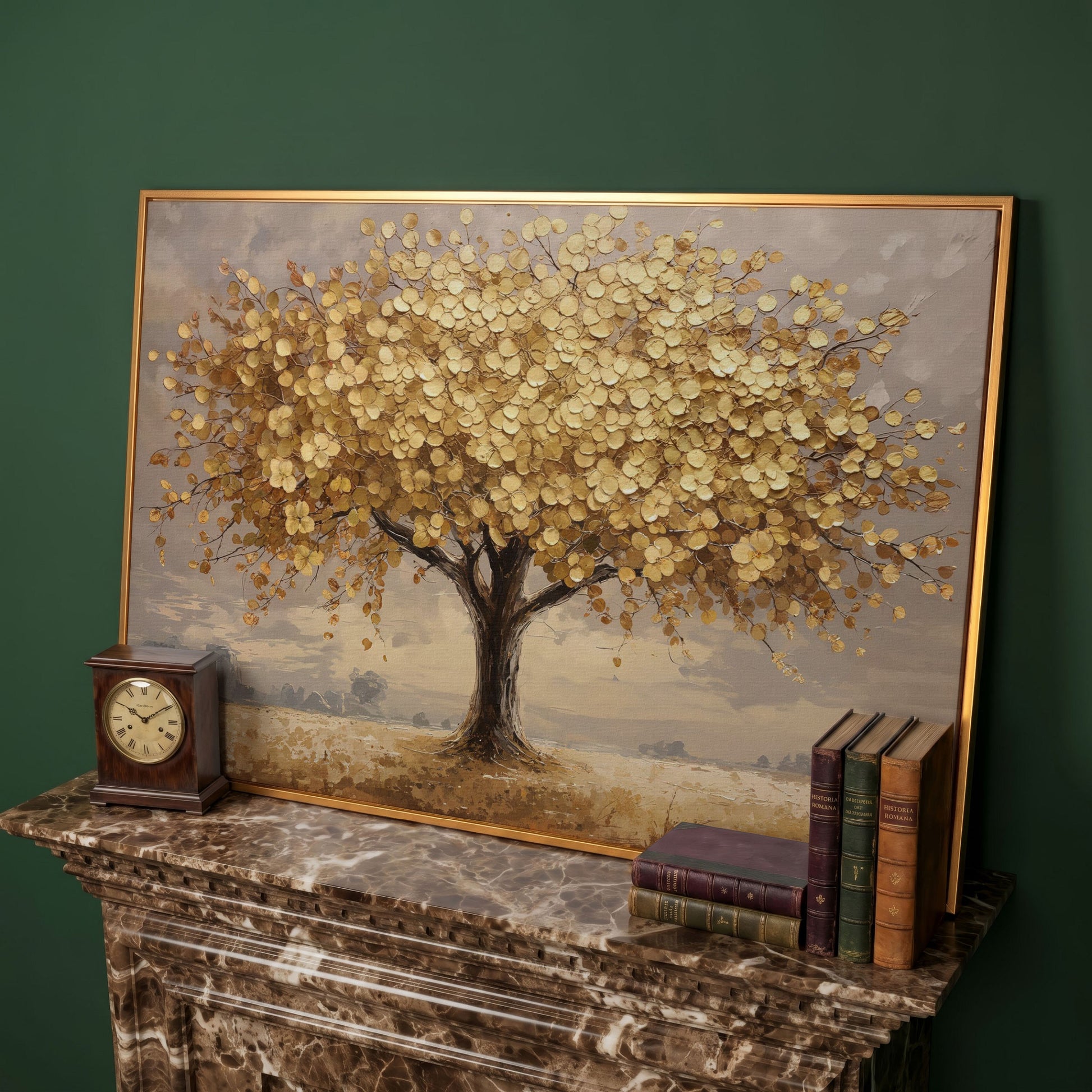 Gold Leaf Tree Canvas Print, Impressionist Landscape in antique gold floating frame
