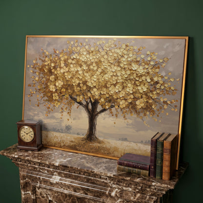Gold Leaf Tree Canvas Print, Impressionist Landscape in antique gold floating frame