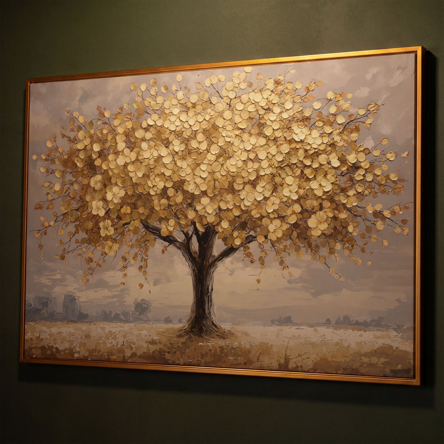 Gold Leaf Tree Canvas Print, Impressionist Landscape shown in antique gold floating frame