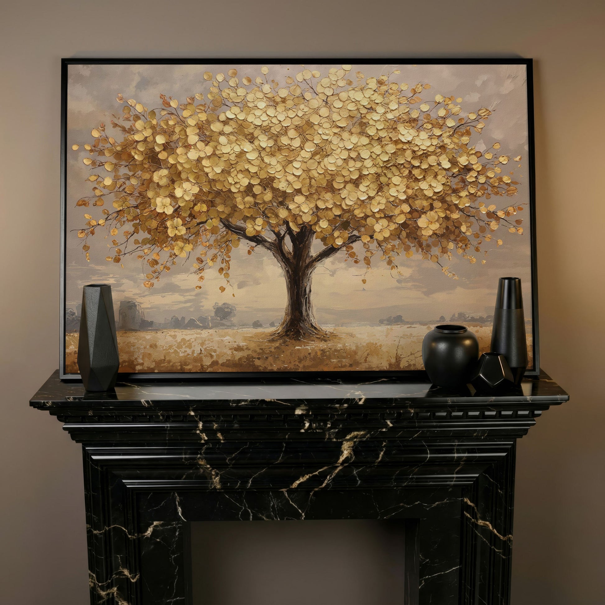 Gold Leaf Tree Canvas Print, Impressionist Landscape in black floating frame
