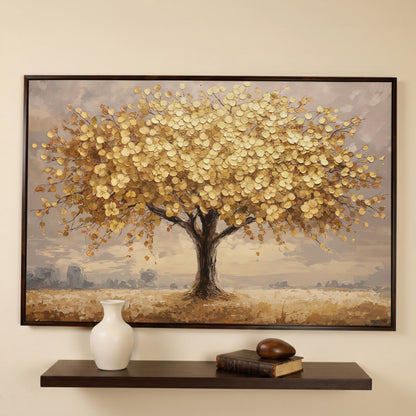 Gold Leaf Tree Canvas Print, Impressionist Landscape in dark walnut floating frame