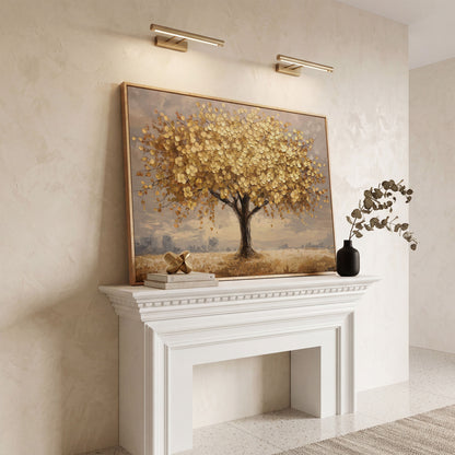 Gold Leaf Tree Canvas Print, Impressionist Landscape in white oak floating frame