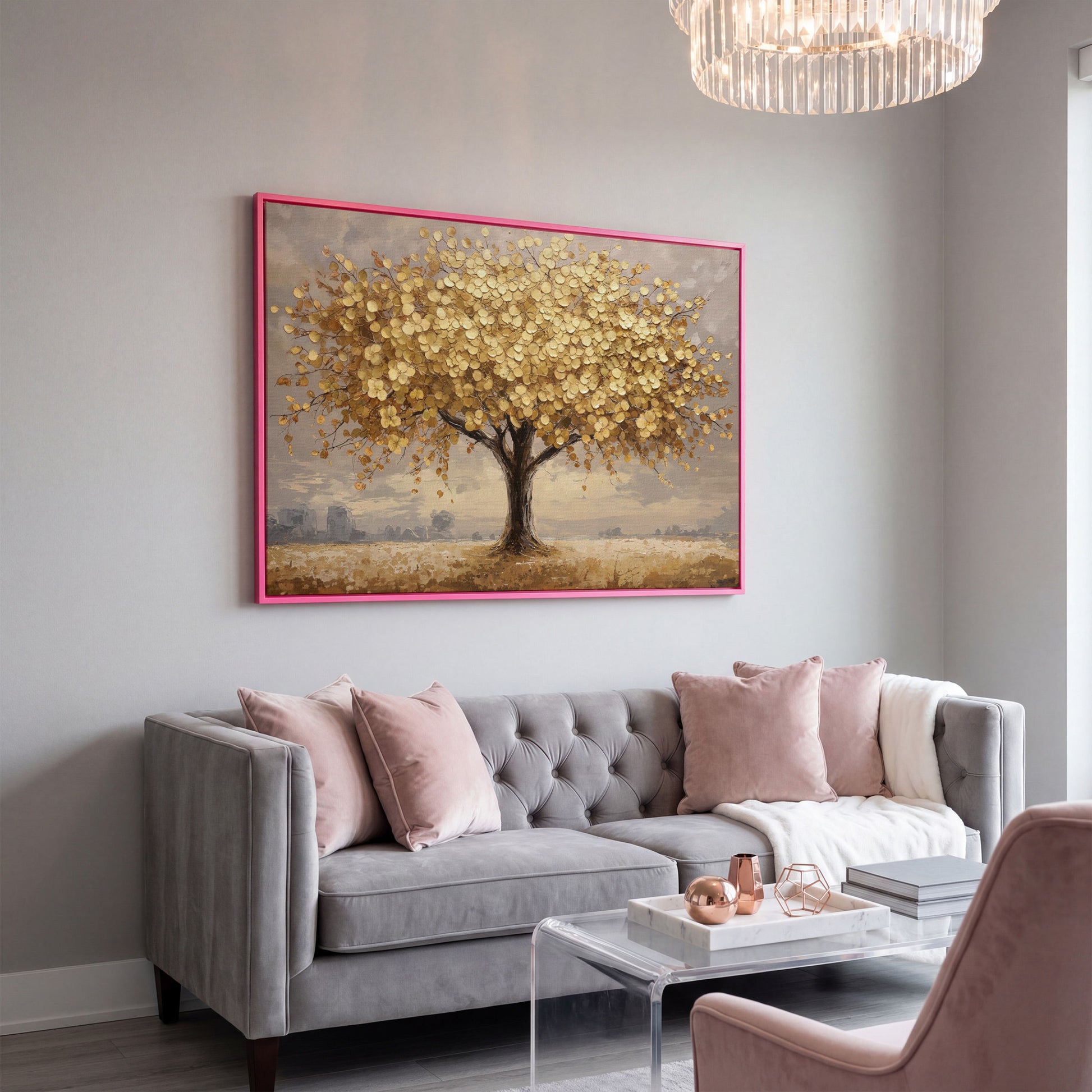 Gold Leaf Tree Canvas Print, Impressionist Landscape in pink floating frame