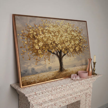 Gold Leaf Tree Canvas Print, Impressionist Landscape in rose gold floating frame