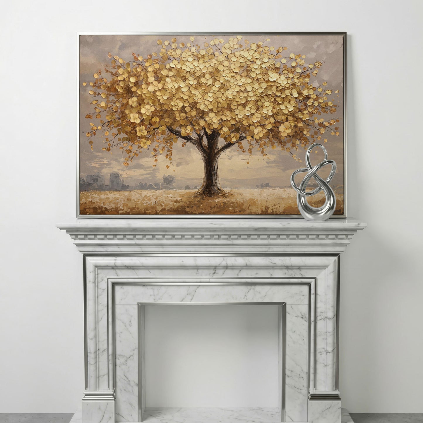 Gold Leaf Tree Canvas Print, Impressionist Landscape in silver floating frame