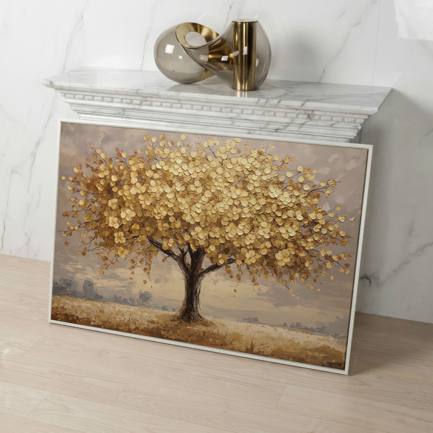 Gold Leaf Tree Canvas Print, Impressionist Landscape in white floating frame