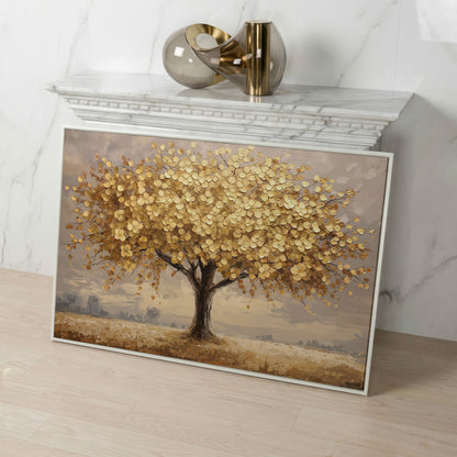 Gold Leaf Tree Canvas Print, Impressionist Landscape in white floating frame