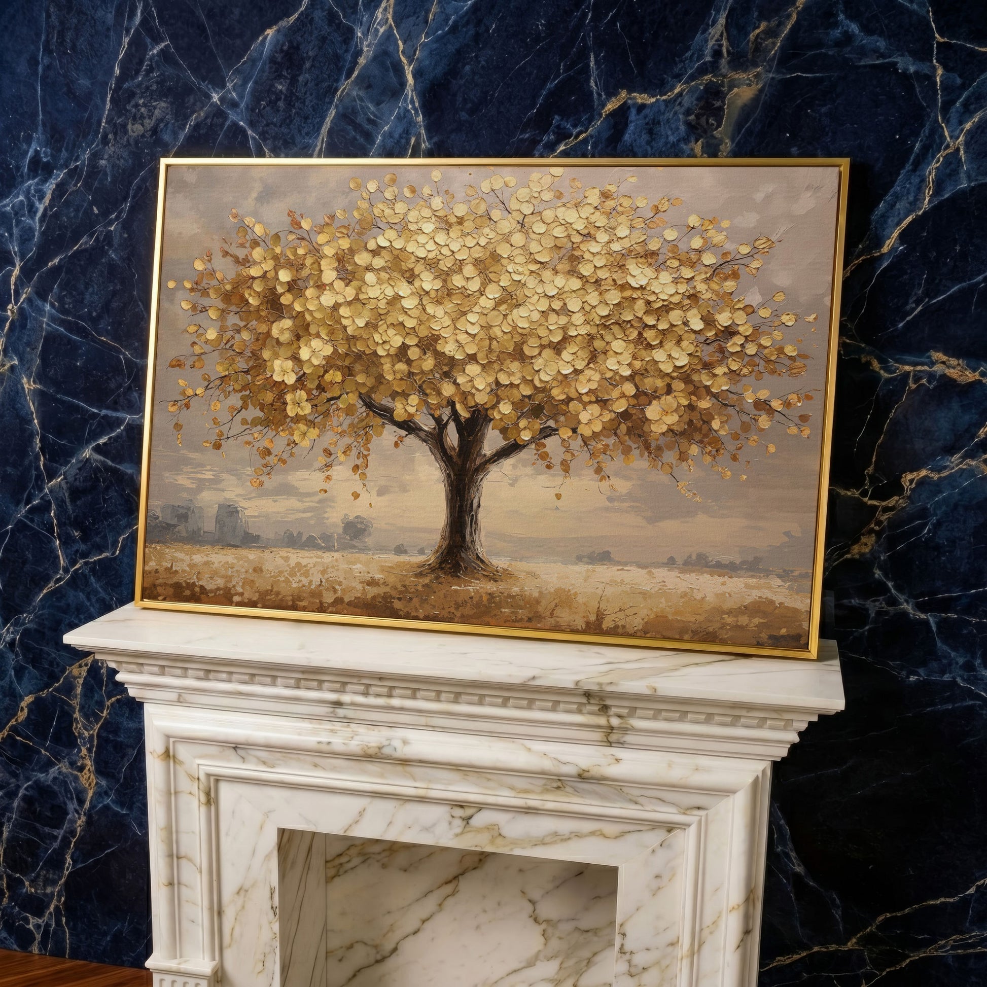 Gold Leaf Tree Canvas Print, Impressionist Landscape in yellow gold floating frame