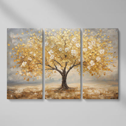 Golden Tree with Mirrored Blossoms Canvas as 3-panel split version