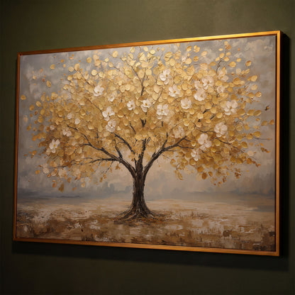 Golden Tree with Mirrored Blossoms Canvas shown in antique gold floating frame