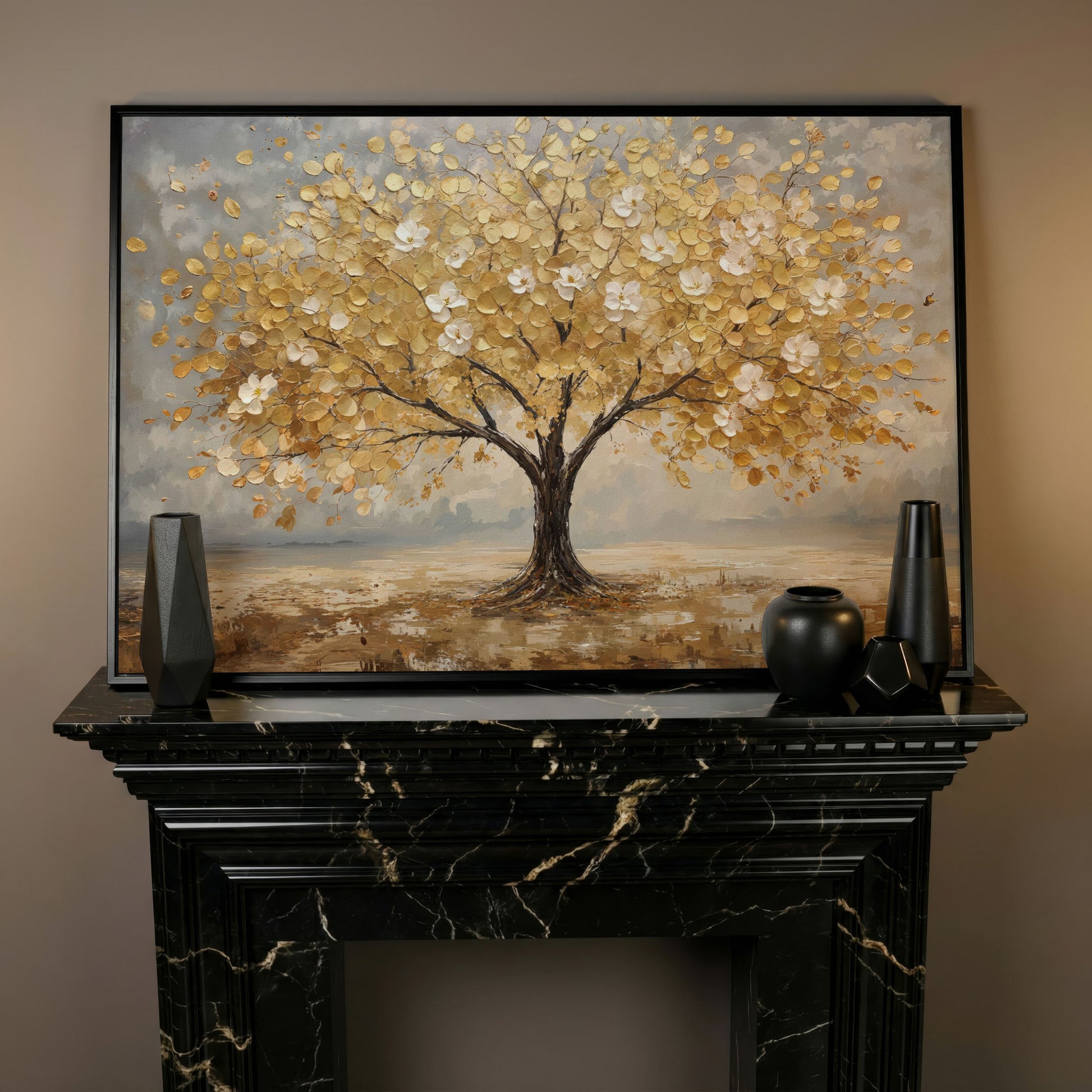 Golden Tree with Mirrored Blossoms Canvas in black floating frame