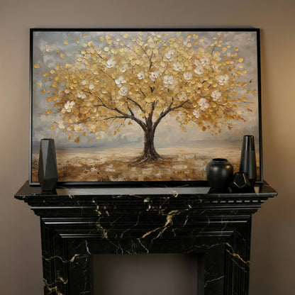 Golden Tree with Mirrored Blossoms Canvas in black floating frame