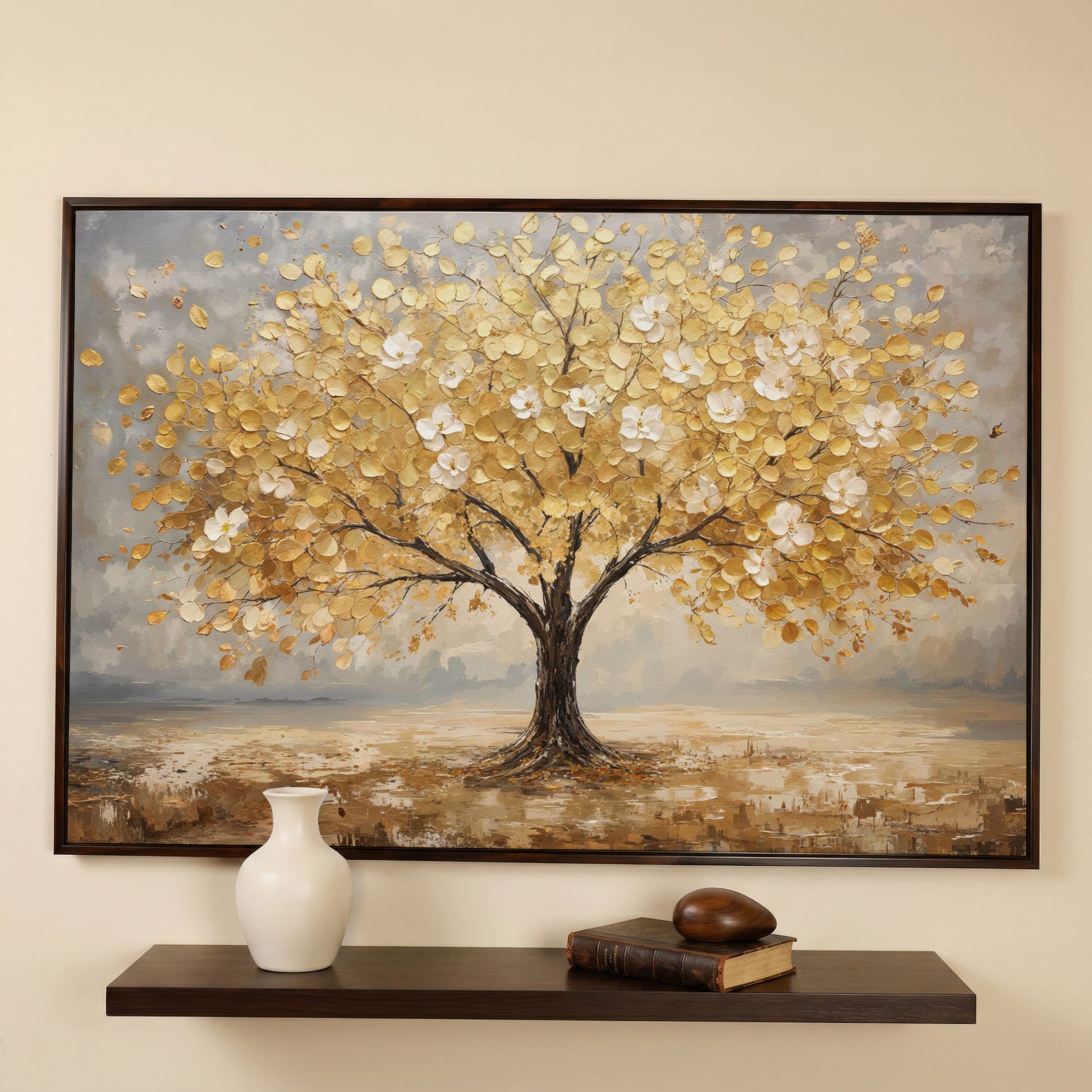 Golden Tree with Mirrored Blossoms Canvas in dark walnut floating frame