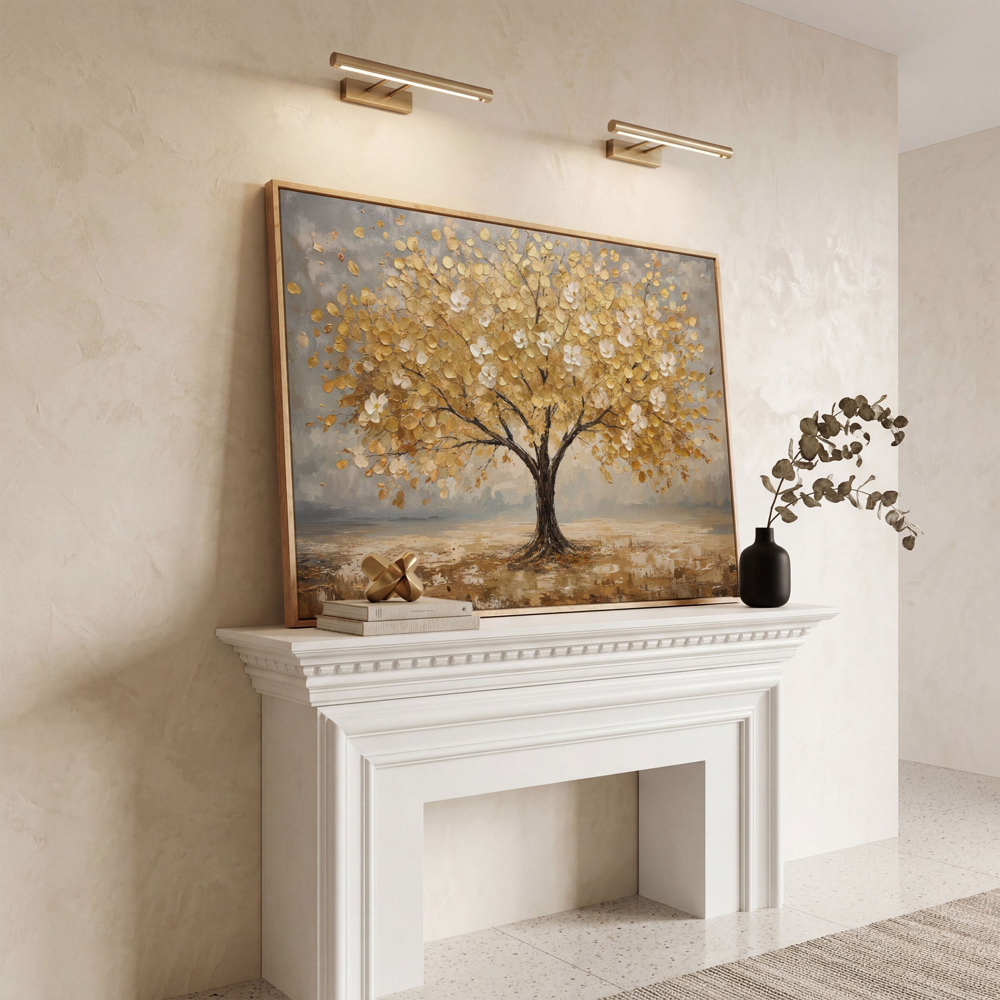 Golden Tree with Mirrored Blossoms Canvas in white oak floating frame