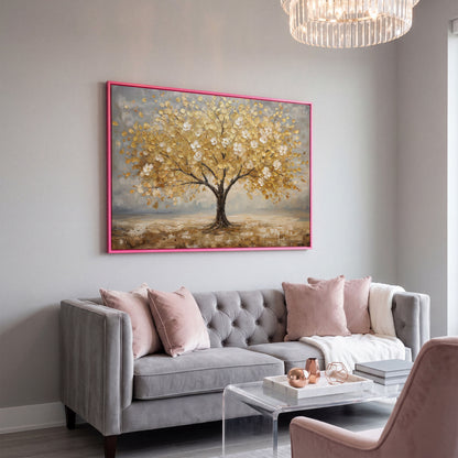 Golden Tree with Mirrored Blossoms Canvas in pink floating frame