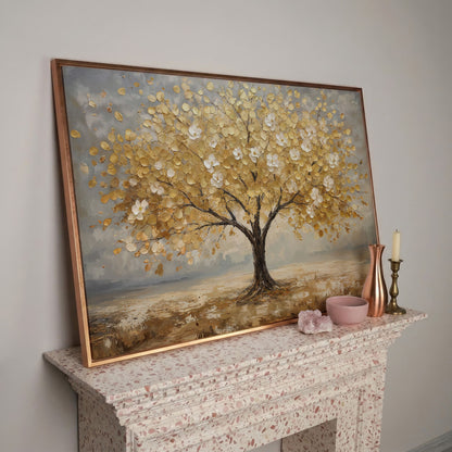 Golden Tree with Mirrored Blossoms Canvas in rose gold floating frame