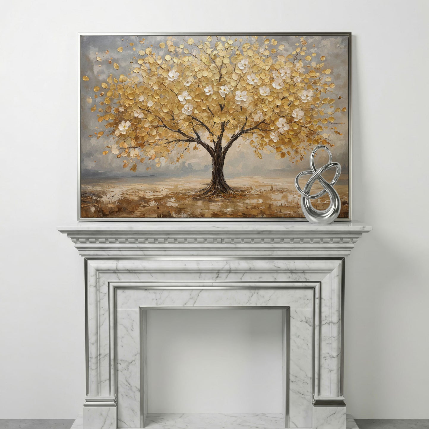 Golden Tree with Mirrored Blossoms Canvas in silver floating frame