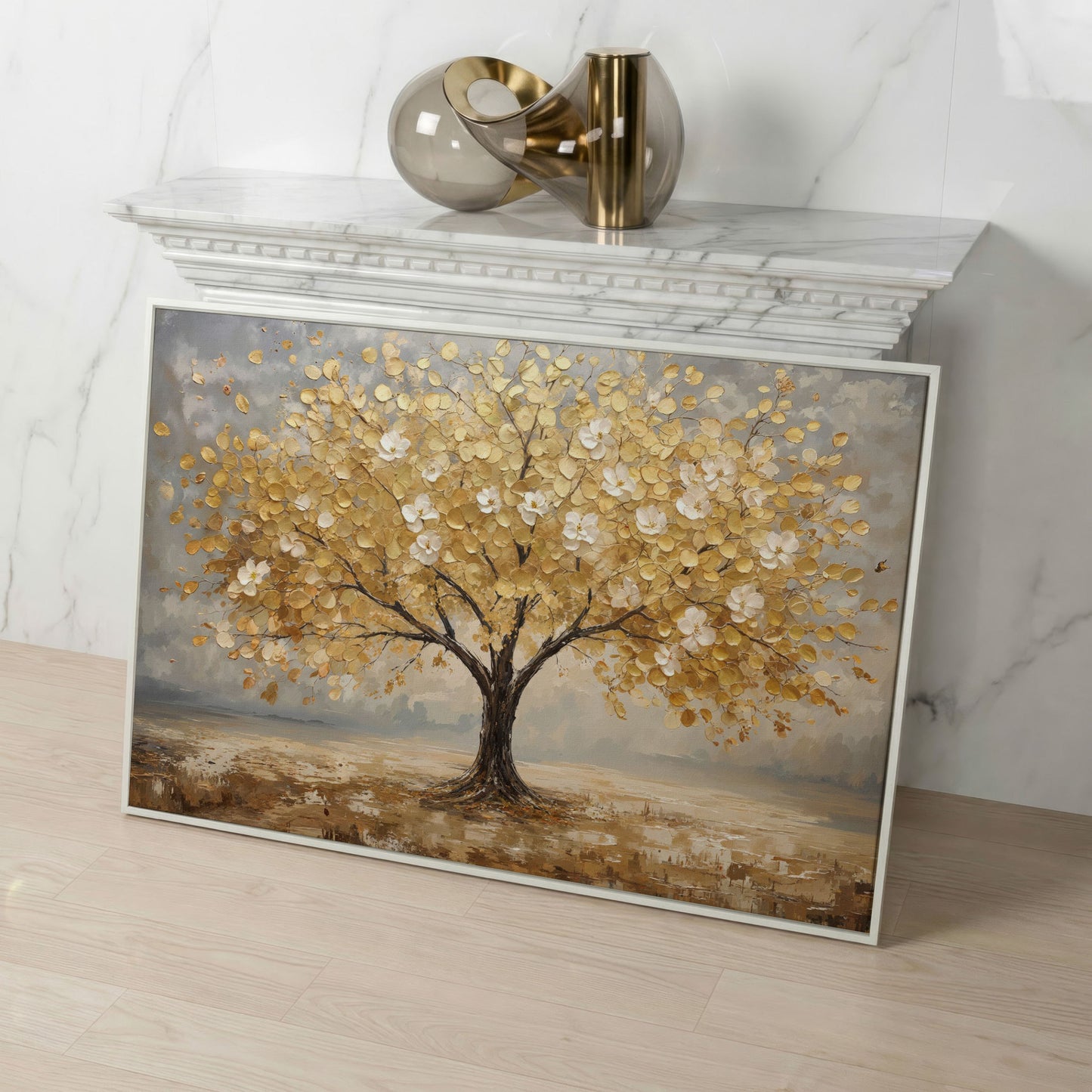 Golden Tree with Mirrored Blossoms Canvas in white floating frame