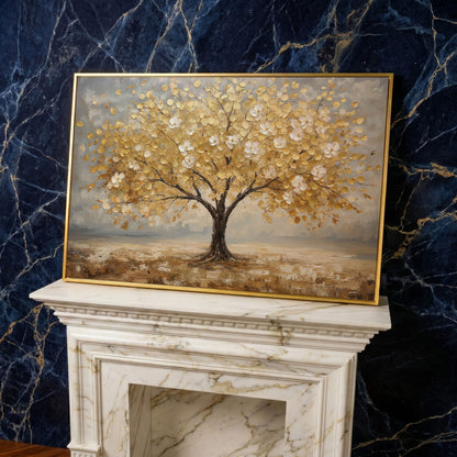 Golden Tree with Mirrored Blossoms Canvas in yellow gold floating frame