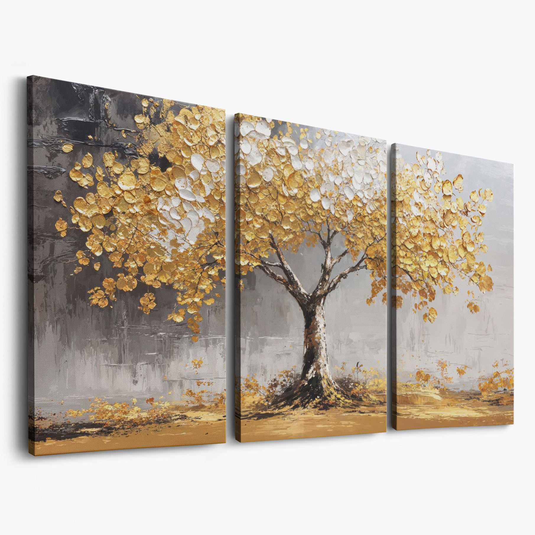 Golden and White Leaves Tree Canvas as 3-panel split version