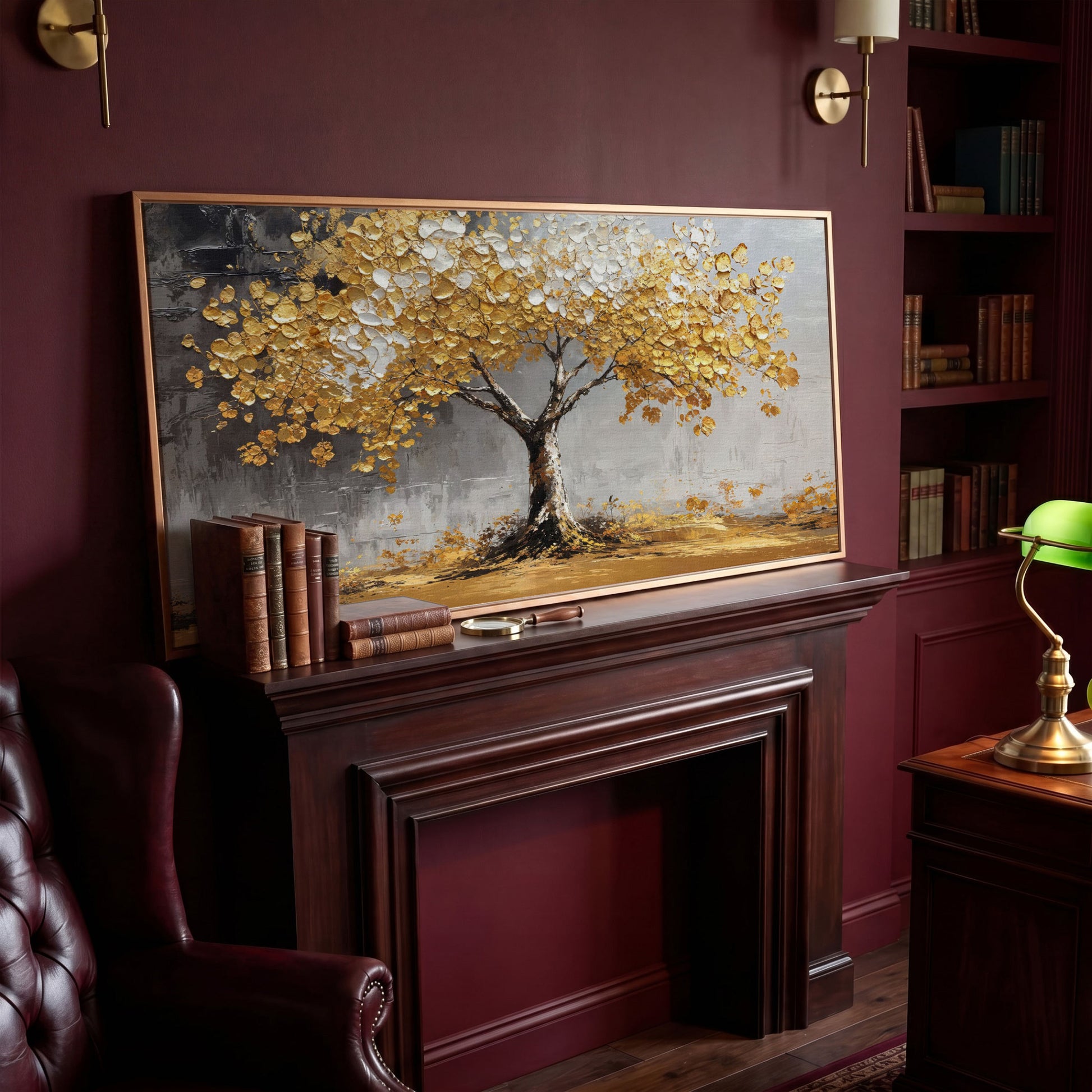 Golden and White Leaves Tree Canvas in antique gold floating frame