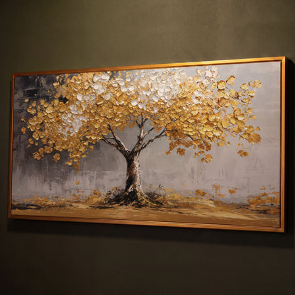 Golden and White Leaves Tree Canvas shown in antique gold floating frame