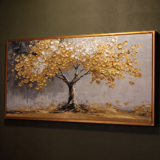 Golden and White Leaves Tree Canvas shown in antique gold floating frame