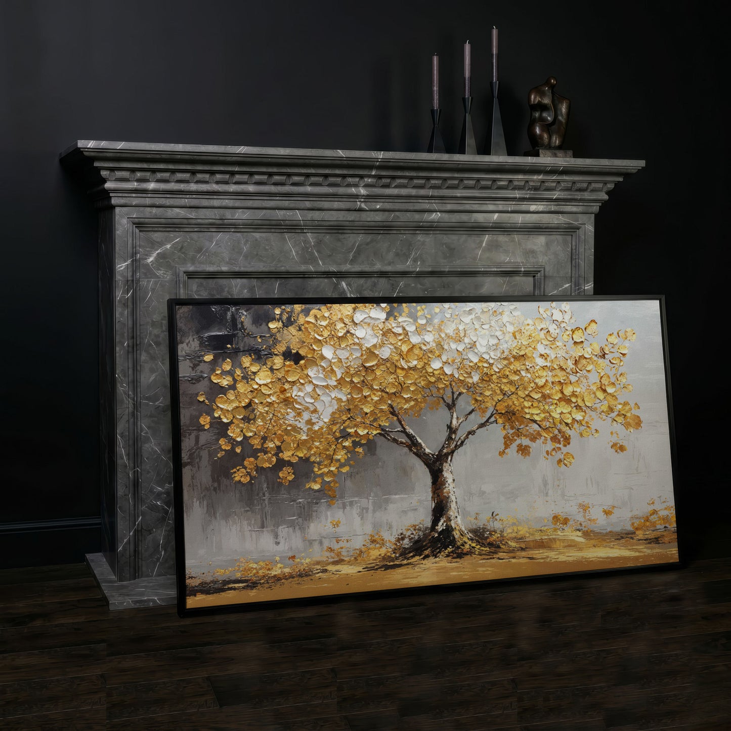 Golden and White Leaves Tree Canvas in black floating frame