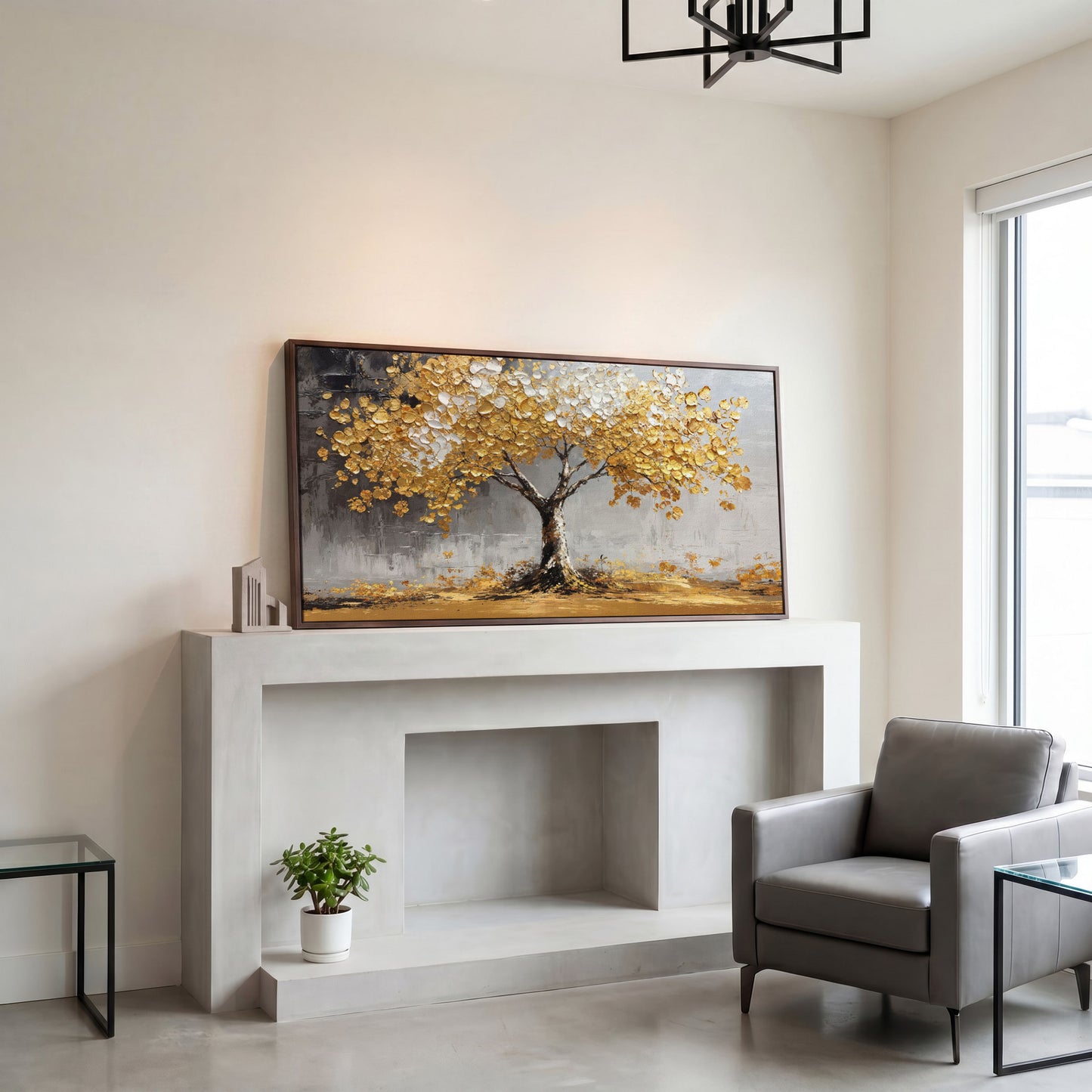 Golden and White Leaves Tree Canvas in dark walnut floating frame