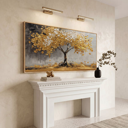 Golden and White Leaves Tree Canvas in white oak floating frame