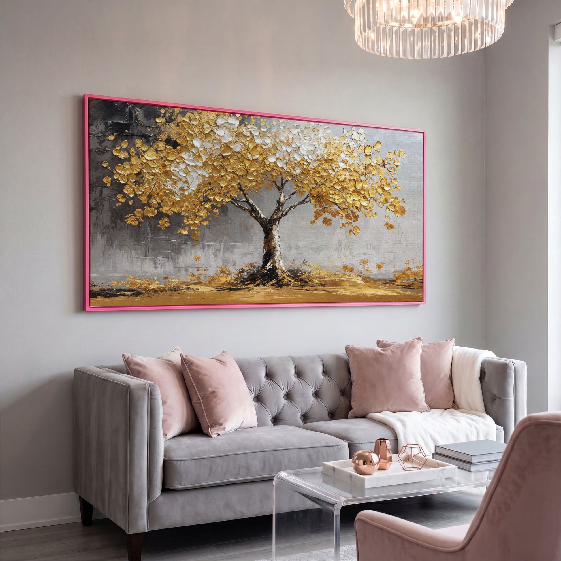 Golden and White Leaves Tree Canvas in pink floating frame