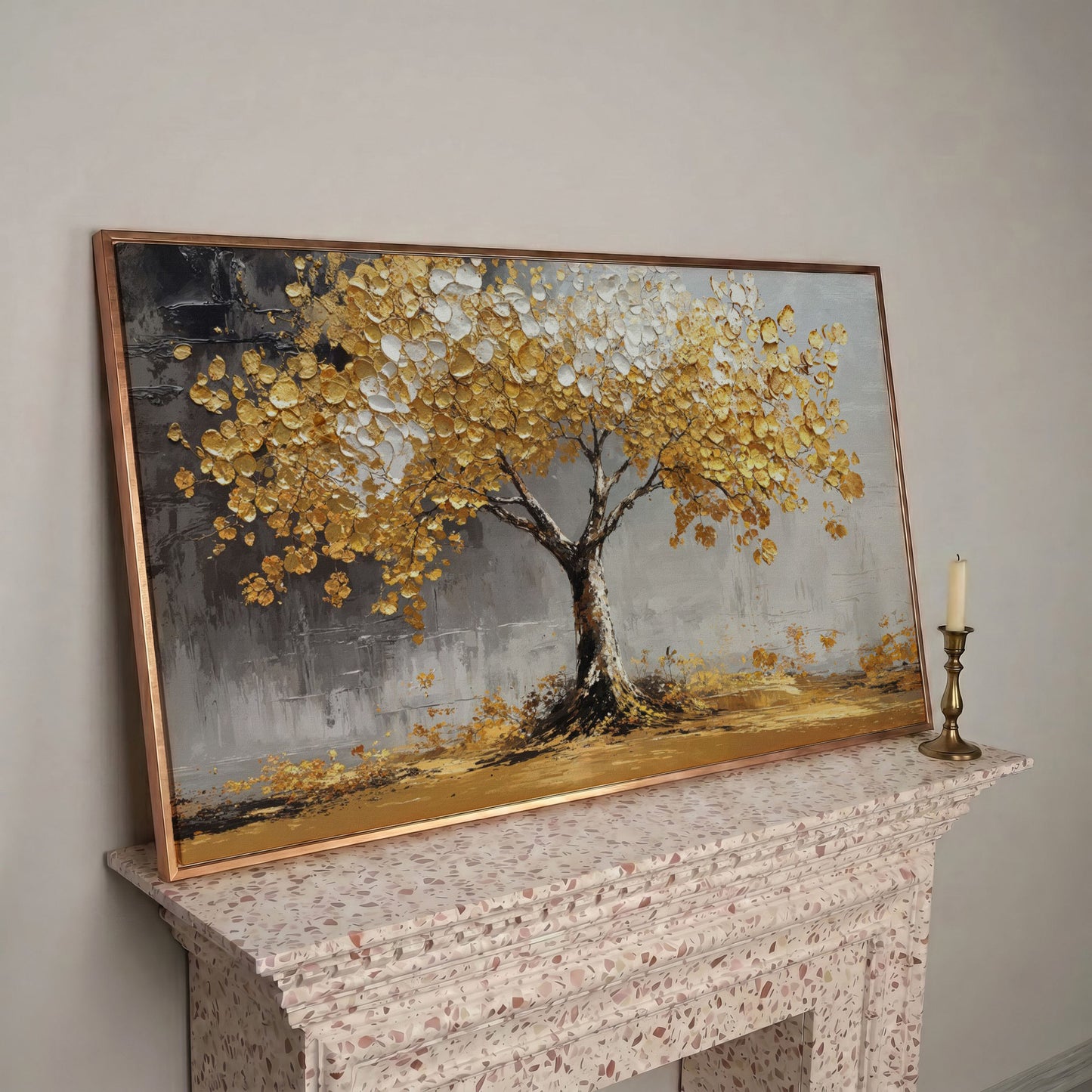 Golden and White Leaves Tree Canvas in rose gold floating frame