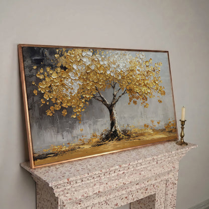 Golden and White Leaves Tree Canvas in rose gold floating frame