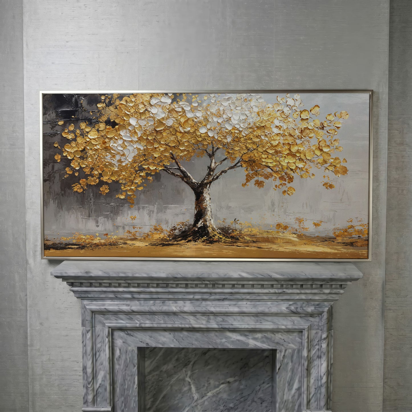 Golden and White Leaves Tree Canvas in silver floating frame