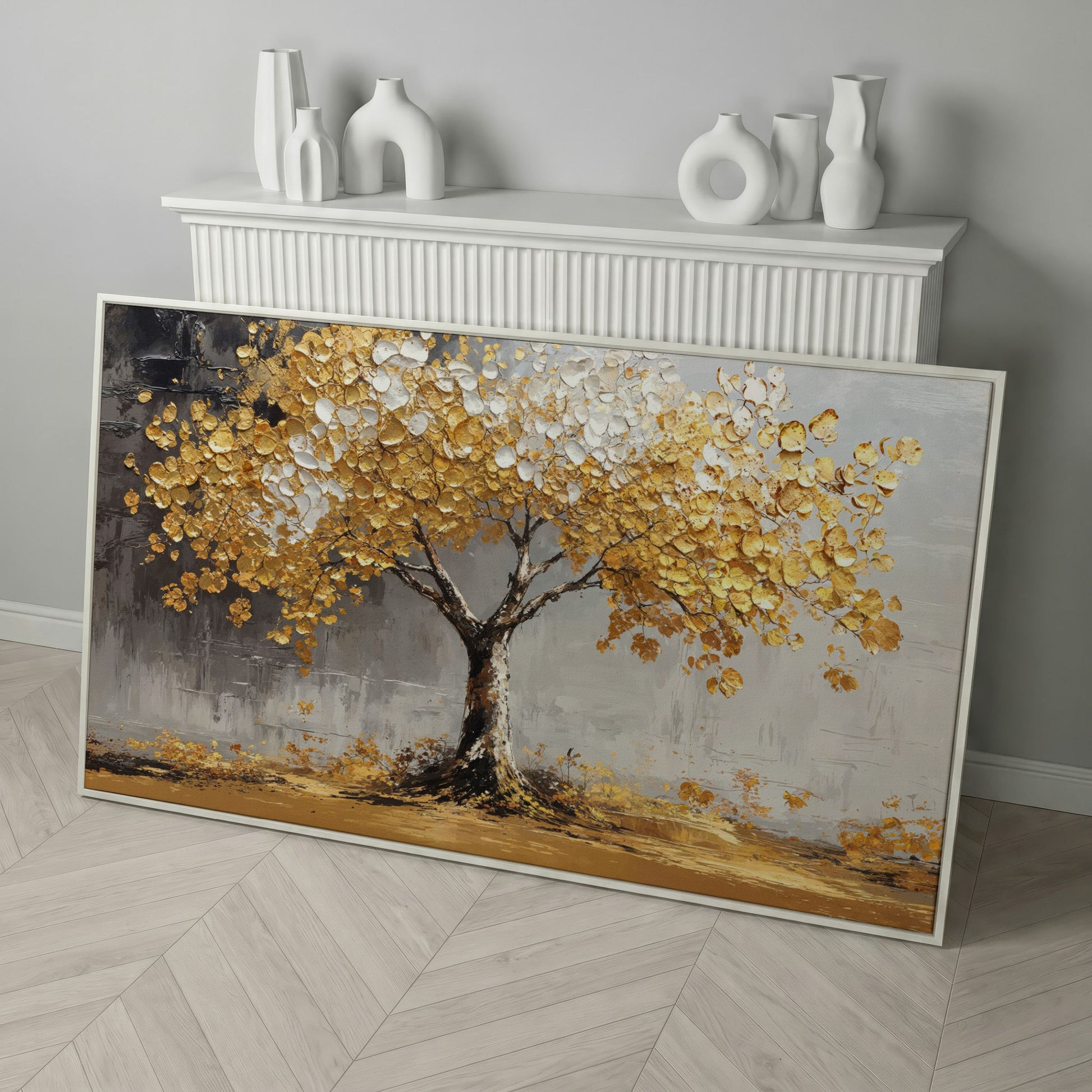 Golden and White Leaves Tree Canvas in white floating frame