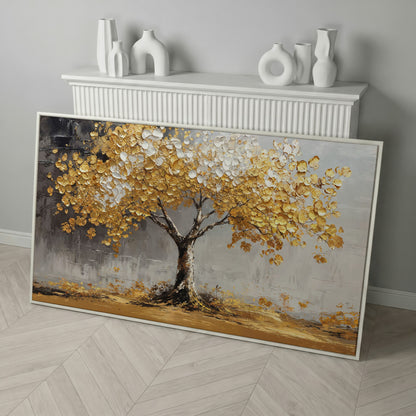 Golden and White Leaves Tree Canvas in white floating frame