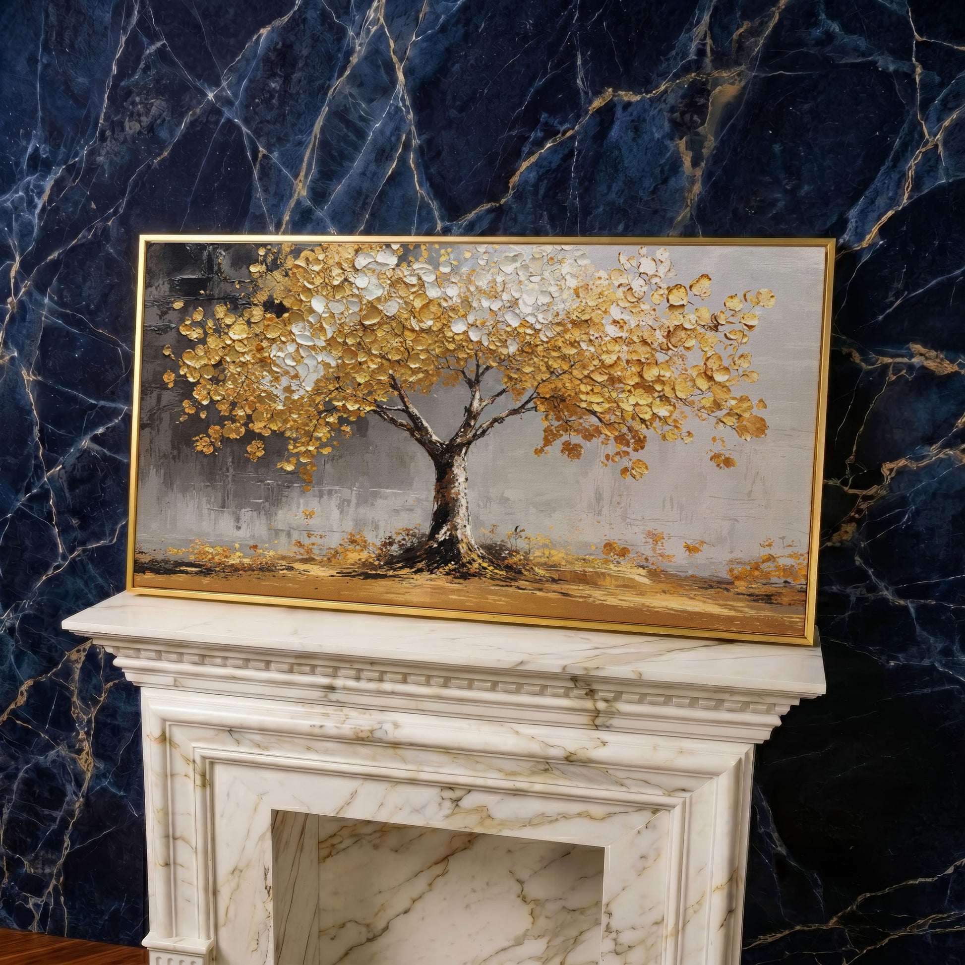 Golden and White Leaves Tree Canvas in yellow gold floating frame