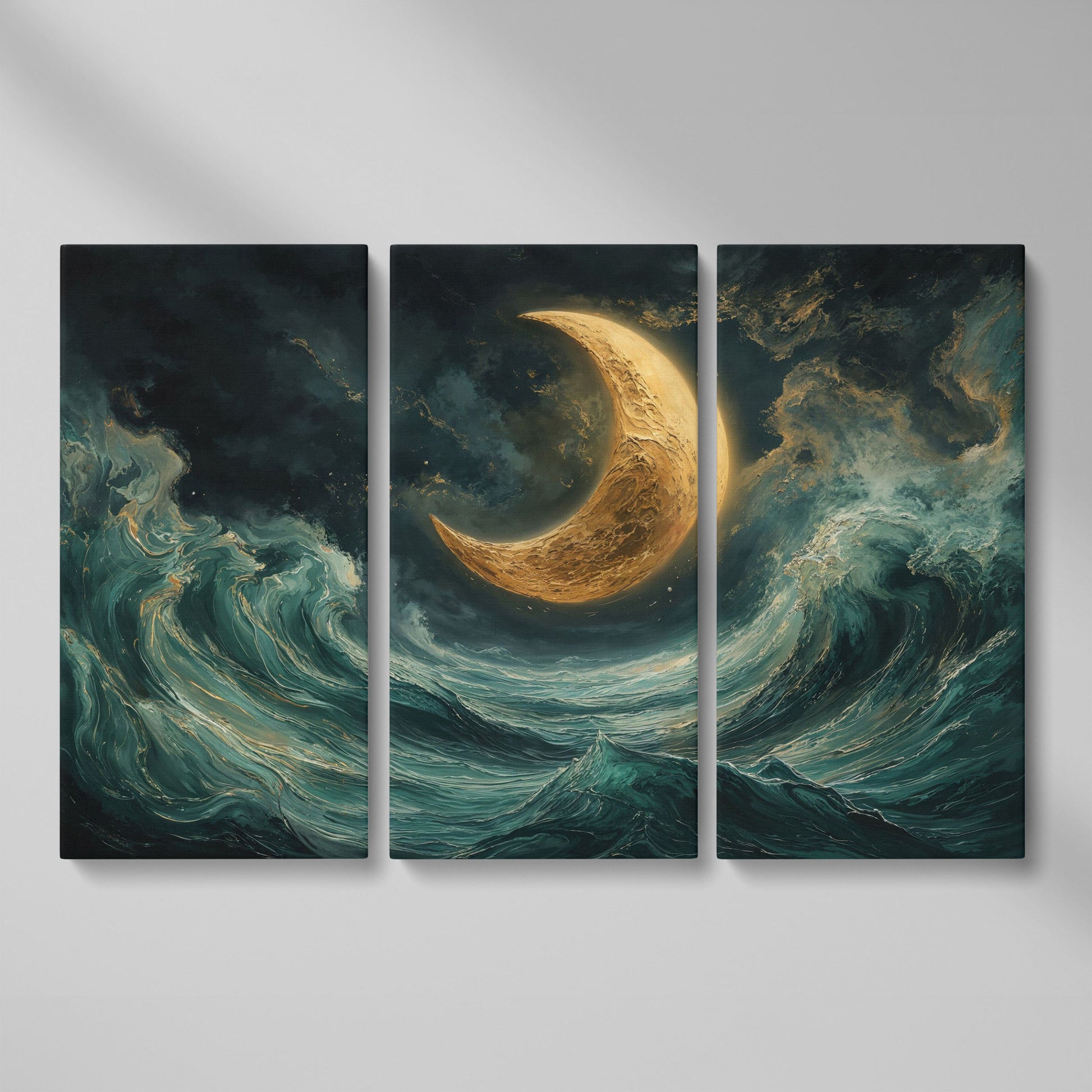 Crescent Moon and Ocean Waves Canvas as 3-panel split version