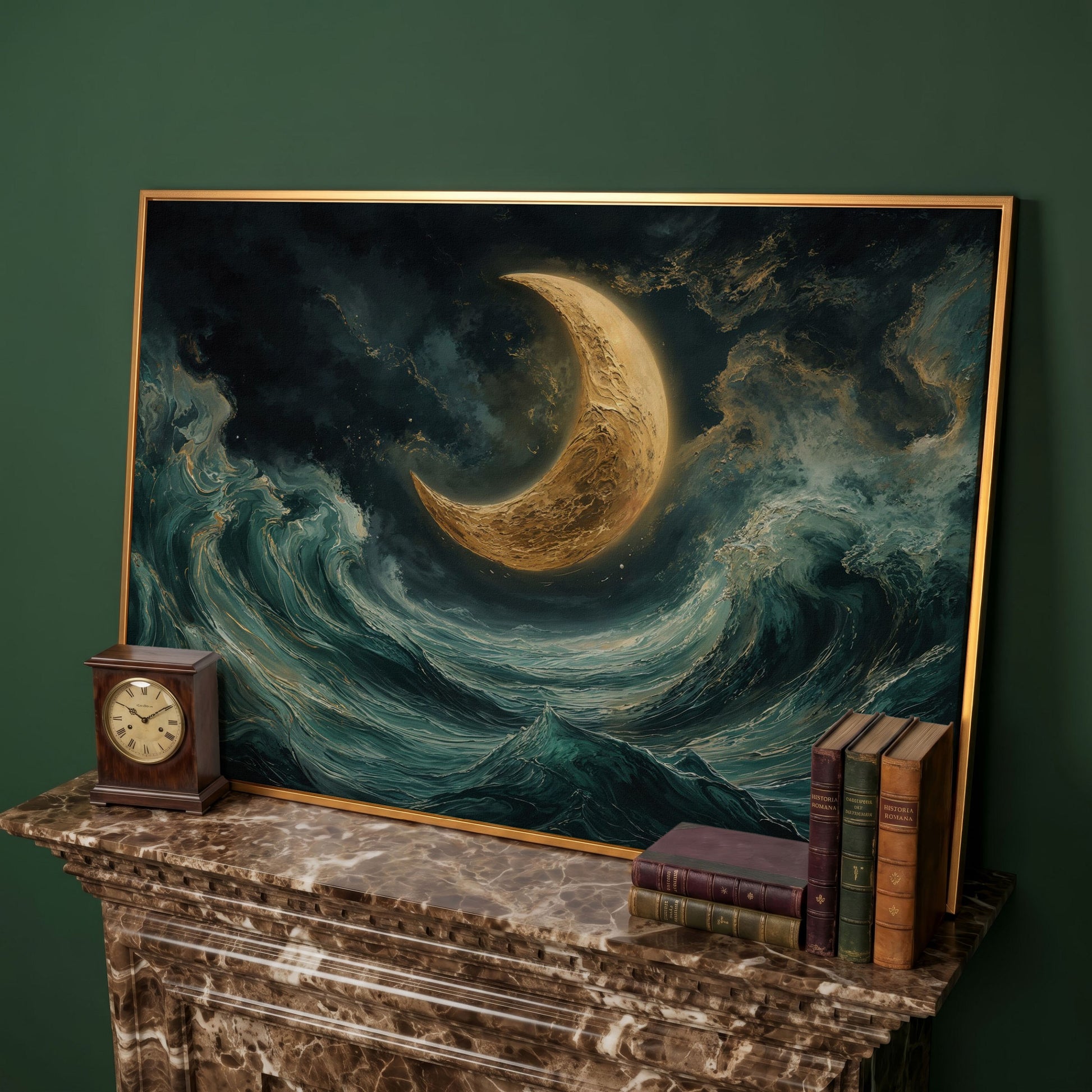 Crescent Moon and Ocean Waves Canvas in antique gold floating frame