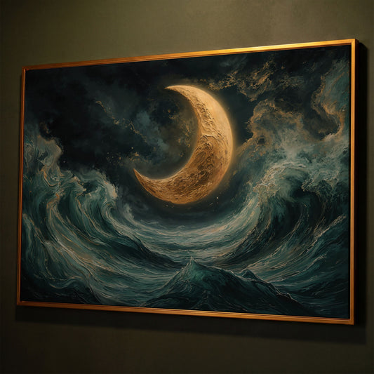 Crescent Moon and Ocean Waves Canvas shown in antique gold floating frame