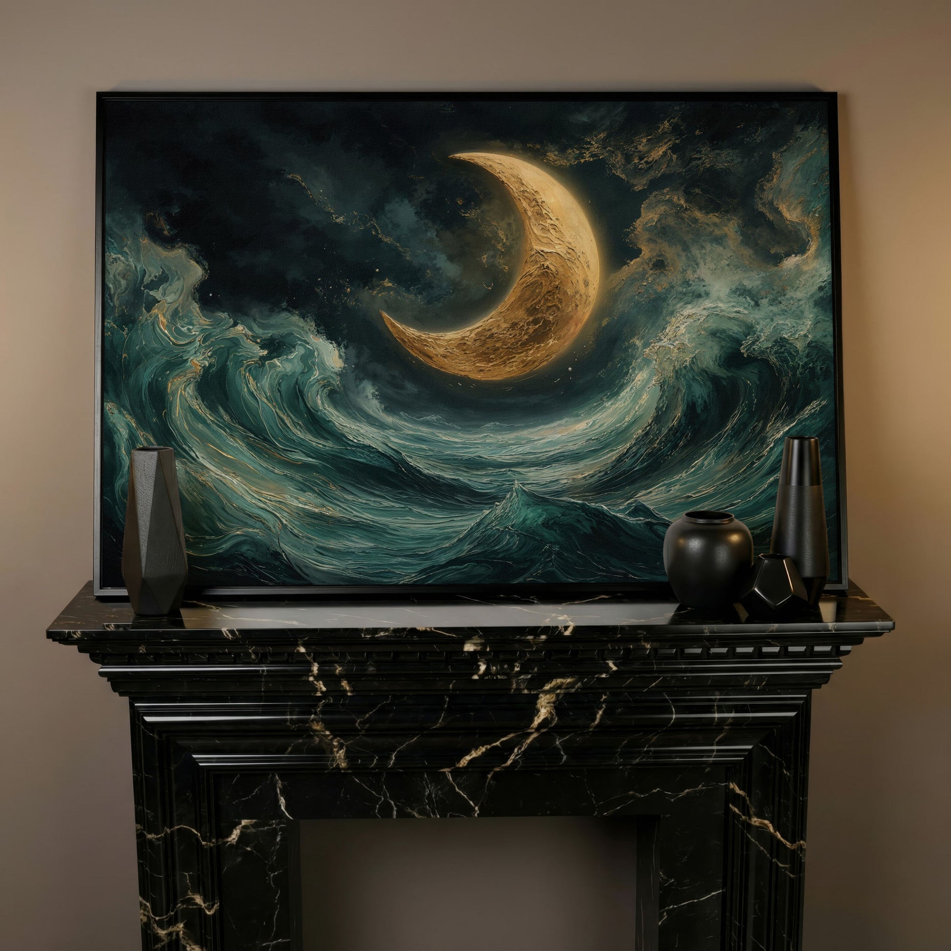 Crescent Moon and Ocean Waves Canvas in black floating frame